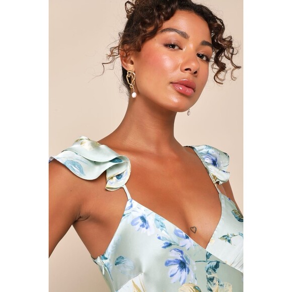Lulus Captivating Grace Sage Green Floral Satin Ruffled Maxi Dress Size Small - Picture 2 of 11